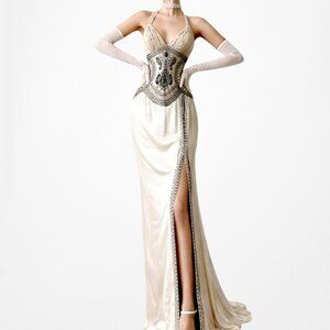 Vintage Ivory Beige Silk Beaded Bodycon Side Slit Maxi Prom Dress Size S/M